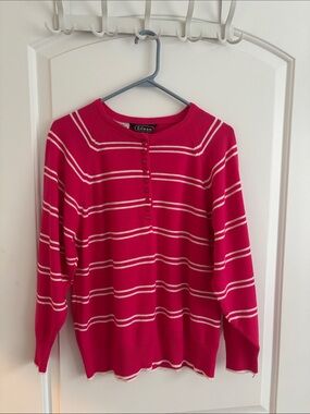 Eileen Pink White Striped Henley Sweater Women's Medium Acrylic Made in Poland